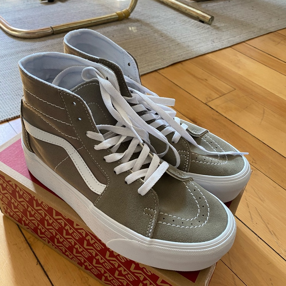 Vans Sk8-Hi Platform Sneakers in Olive and White - Picture 3 of 9